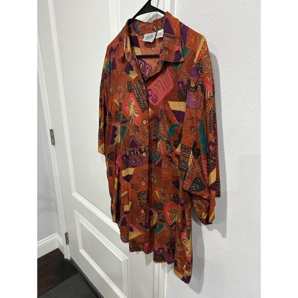 Vintage Morgan Square Button Front Blouse Brown Multi 22W/42 Geometric Print - Picture 3 of 9